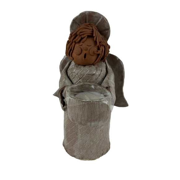 vintage clay pottery candle tealight holder angel choir folkart sculpture figure - Picture 1 of 15